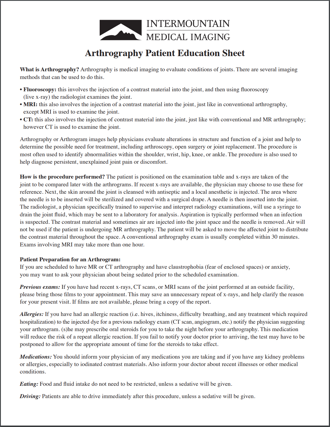 Arthrography Patient Education