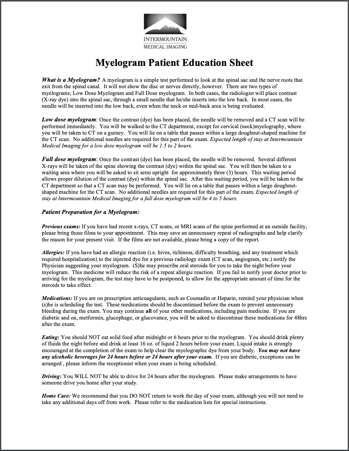 Myelogram Patient Education